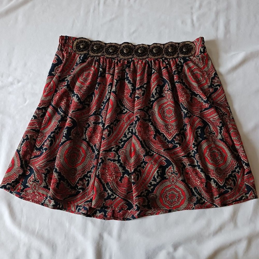 Miami Flare Mini Midi Skirt Paisley Novelty Print Size L Large Embellished New‎